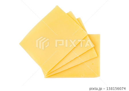 Square sliced mild creamy cheese isolated on white, Havarti Tilsit Gouda style dairy product for burgers toast and cooking 138156074