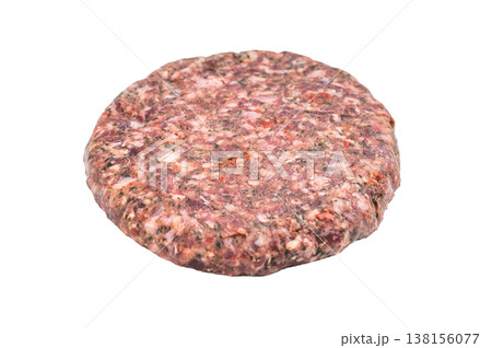 Raw mixed beef and lamb patty with herbs isolated on white background. Fresh minced meat cutlet for grilling barbecue and cooking. Raw mixed beef and lamb patty with herbs isolated on white background. Fresh minced meat cutlet for grilling barbecue and cooking. 138156077