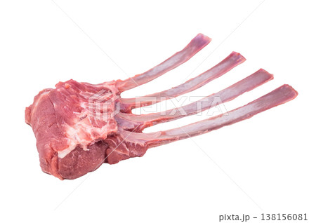 Raw lamb rack ribs with bone isolated on white background butcher style fresh meat ingredient Raw lamb rack ribs with bone isolated on white background butcher style fresh meat ingredient 138156081