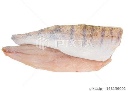 Raw pike perch fillets isolated on white background, one skin on and one skinless, fresh zander seafood ready for cooking. Raw pike perch fillets isolated on white background, one skin on and one skinless, fresh zander seafood ready for cooking. 138156091