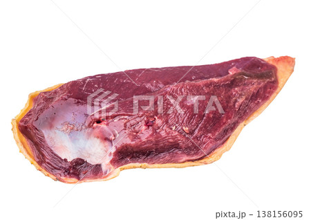 Raw duck breast gamebird with skin isolated on white background top view. Poultry game meat ingredient for cooking and searing. Raw duck breast gamebird with skin isolated on white background top view. Poultry game meat ingredient for cooking and searing. 138156095