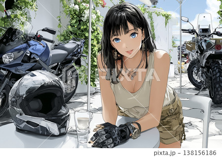 ライダーズカフェで笑顔を見せる女性ライダーのイラスト 138156186