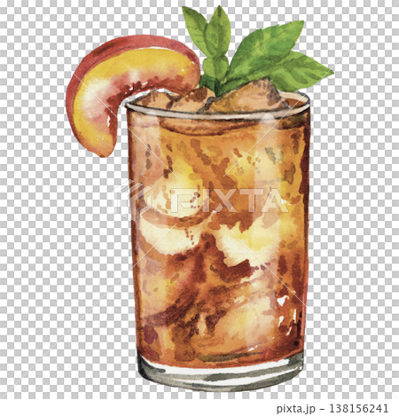 Iced Tea Cocktail Watercolor Citrus Drink with Peach and Lemon 138156241