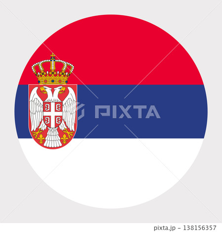 Circular vector illustration of the Serbian flag with coat of arms, isolated on grey background. Circular vector illustration of the Serbian flag with coat of arms, isolated on grey background. 138156357