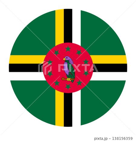 Circular vector illustration of the Dominica flag with Sisserou parrot, isolated on white background. Circular vector illustration of the Dominica flag with Sisserou parrot, isolated on white background. 138156359