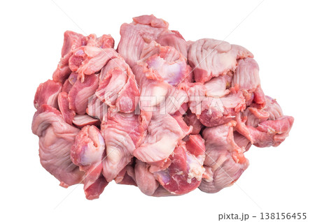Raw chicken gizzards on a pristine white background, highlighting their texture and natural color. Raw chicken gizzards on a pristine white background, highlighting their texture and natural color. 138156455