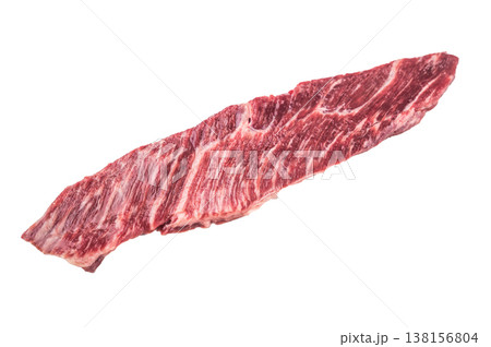 Raw beef meat cut with visible fibers and marbling isolated on white background, versatile protein ingredient for cooking grilling barbecue or fajita dishes 138156804