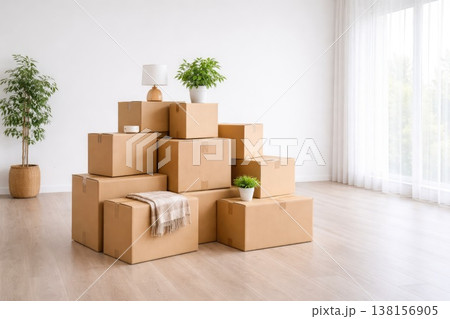 Modern empty living room with stacked cardboard boxes ready for moving and relocation Modern empty living room with stacked cardboard boxes ready for moving and relocation 138156905