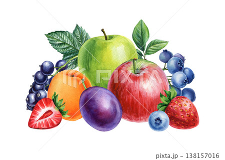 Fruit composition watercolor clipart with apples apricot plum strawberry blueberries and currants isolated on light background Fruit composition watercolor clipart with apples apricot plum strawberry blueberries and currants isolated on light background 138157016