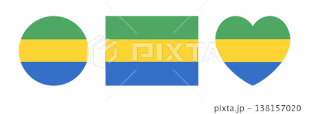 Gabon flag rectangle, heart shaped, circle badge, sticker. Set of flag rounded, rectangular, heart button, icon. National flag of Gabon banner, background. 138157020