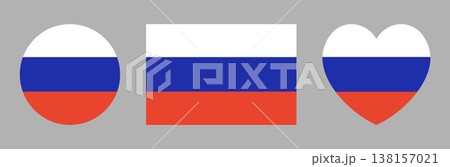 Russia flag in heart, circle, rectangle shapes icon, sticker, badge. Set. of National symbol of Russia rectangular, heart shaped, round button, banner. Russian flag background. Russia flag in heart, circle, rectangle shapes icon, sticker, badge. Set. of National symbol of Russia rectangular, heart shaped, round button, banner. Russian flag background. 138157021
