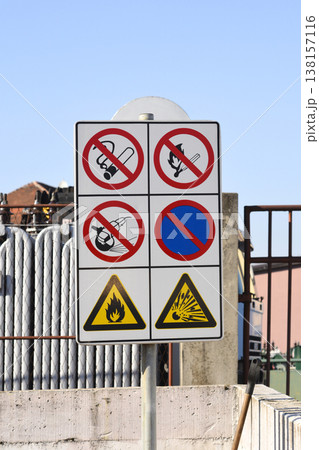 Safety warning sign with multiple prohibition and hazard symbols Safety warning sign with multiple prohibition and hazard symbols 138157116