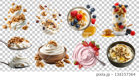Collection of nutrient-dense fermented dairy, yoghurt yogurt set, with honey maple fruit nut syrup granola oats seed, spoon bowl, flying, flavoured, transparent cutout PNG. Many style for Mockup 138157364