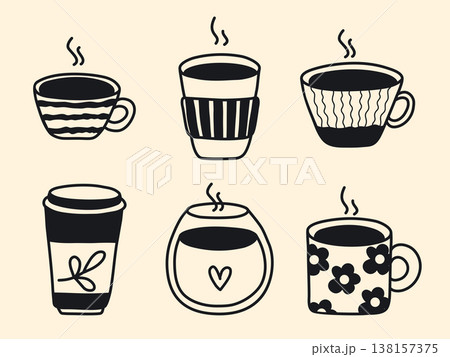 Hand drawn ink set of coffee cups 138157375