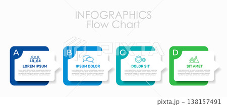 Four-step flow chart infographic with labeled sections, icons, and placeholder text for business processes. Vector illustration. 138157491