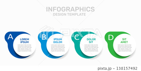 Four-step flow chart infographic with labeled sections, icons, and placeholder text for business processes. Vector illustration. 138157492