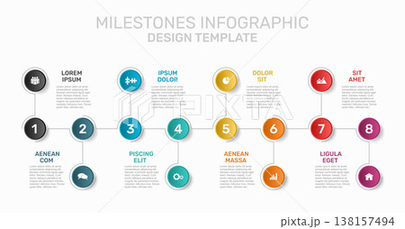 Horizontal timeline infographic template with colorful circular icons, progress line, and placeholder text. Vector illustration. Horizontal timeline infographic template with colorful circular icons, progress line, and placeholder text. Vector illustration. 138157494