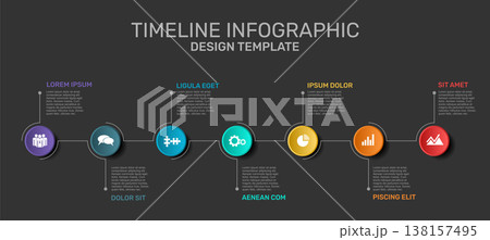 Horizontal timeline infographic template with colorful circular icons, progress line, and placeholder text. Vector illustration. 138157495
