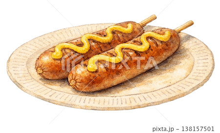 紙皿のフランクフルト2本 マスタード 縁日屋台グルメ素材 138157501