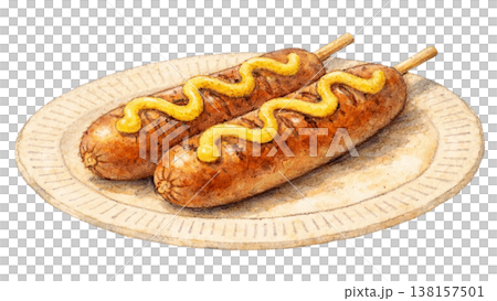 紙皿のフランクフルト2本 マスタード 縁日屋台グルメ素材 138157501