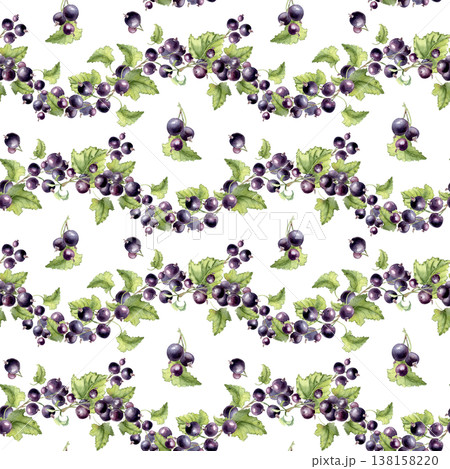 Bright black currant watercolor seamless pattern with berries and leaves. Botanical summer repeat background for kitchen textile print, wallpaper design, food packaging. Organic farm produce print. Bright black currant watercolor seamless pattern with berries and leaves. Botanical summer repeat background for kitchen textile print, wallpaper design, food packaging. Organic farm produce print. 138158220