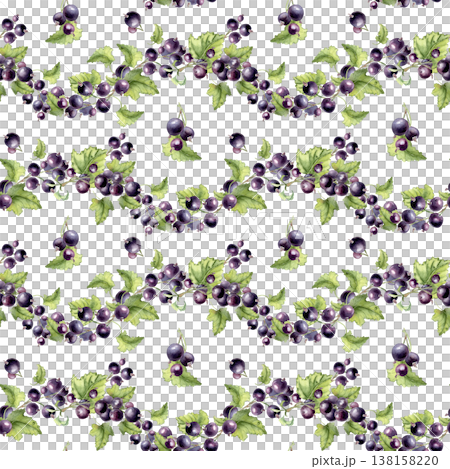 Bright black currant watercolor seamless pattern with berries and leaves. Botanical summer repeat background for kitchen textile print, wallpaper design, food packaging. Organic farm produce print. Bright black currant watercolor seamless pattern with berries and leaves. Botanical summer repeat background for kitchen textile print, wallpaper design, food packaging. Organic farm produce print. 138158220