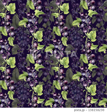 Black currant watercolor pattern isolated on dark. Seamless background of hand painted botanical art of purple berry and green leaf. Organic garden theme for textile design and culinary decoration. Black currant watercolor pattern isolated on dark. Seamless background of hand painted botanical art of purple berry and green leaf. Organic garden theme for textile design and culinary decoration. 138158230