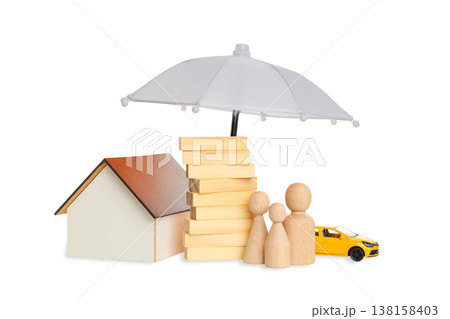 Figures by a house and car under an umbrella, isolated, PNG Figures by a house and car under an umbrella, isolated, PNG 138158403