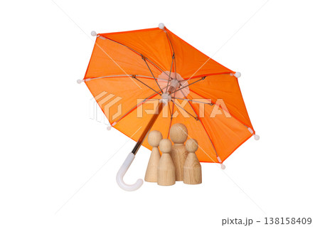 Family figures stand under an umbrella for protection, isolated, PNG Family figures stand under an umbrella for protection, isolated, PNG 138158409