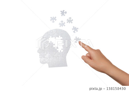 Hand gesturing at floating puzzle pieces, isolated on white, PNG Hand gesturing at floating puzzle pieces, isolated on white, PNG 138158430