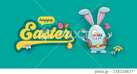 Happy Easter horizontal banner. Funny cartoon rock and roll bunny egg character with metal horns hand sign on turquoise background. Creative spring Easter holiday vector illustration Happy Easter horizontal banner. Funny cartoon rock and roll bunny egg character with metal horns hand sign on turquoise background. Creative spring Easter holiday vector illustration 138158677