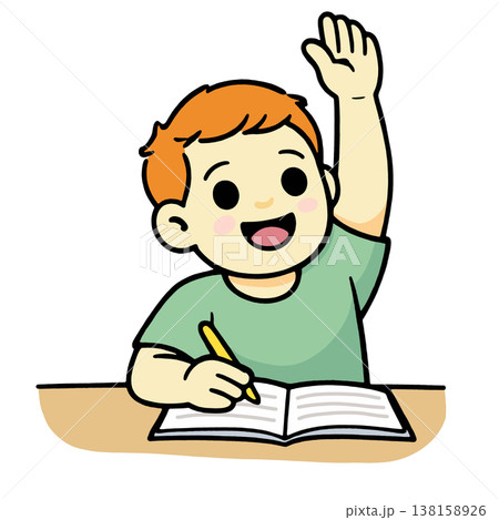 Child cartoon hand raised writing happy classroom learning education 138158926