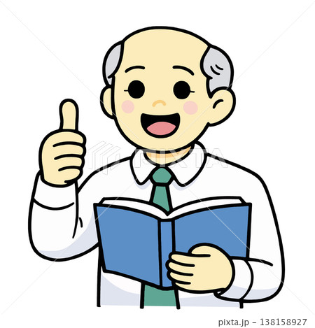 Bald man elderly smiling holding book white shirt green tie cartoon style positive gesture Bald man elderly smiling holding book white shirt green tie cartoon style positive gesture 138158927