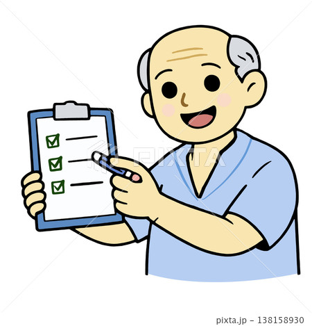 Elderly man holding checklist, smiling, wearing blue shirt, cartoon style, white background Elderly man holding checklist, smiling, wearing blue shirt, cartoon style, white background 138158930
