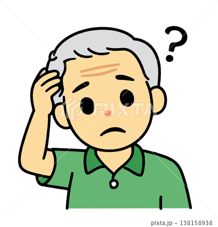 Elderly man, gray hair, green shirt, confused, scratching head, question mark, cartoon Elderly man, gray hair, green shirt, confused, scratching head, question mark, cartoon 138158938