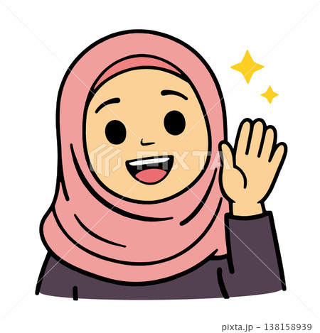 Smiling woman hijab cartoon, waving hand, friendly greeting, cheerful, happy expression 138158939