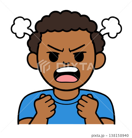Angry boy cartoon, clenched fists, steam, frustration, blue shirt, emotional expression 138158940