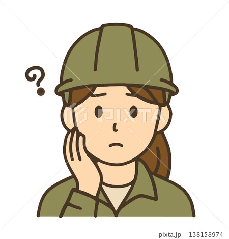 Female worker, helmet, uniform, confused, hand on face, question mark, illustration 138158974