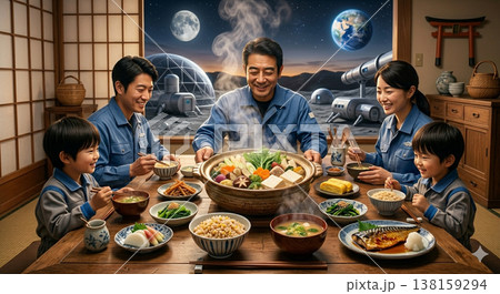 湯気を立てる和食の食卓のイメージ 138159294