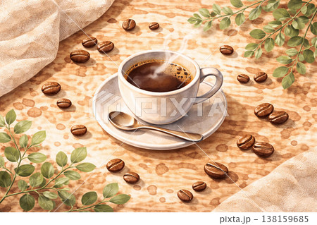 コーヒーシリーズ：豆とカップの俯瞰ナチュラル背景 138159685