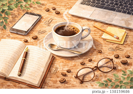 コーヒーシリーズ:ノートとコーヒーの作業風景俯瞰 コーヒーシリーズ:ノートとコーヒーの作業風景俯瞰 138159686