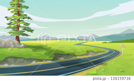 a curved road in green fields daylight a curved road in green fields daylight 138159716