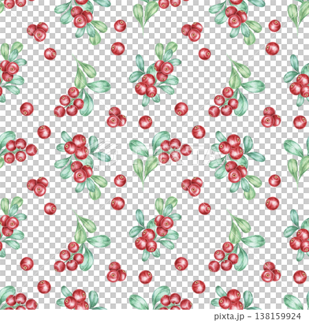 Small cranberries and leafy branches in red and green colors as watercolor illustration, hand drawn seamless pattern. Perfect for scrapbook paper, stationery, fabric prints, packaging, surface design 138159924