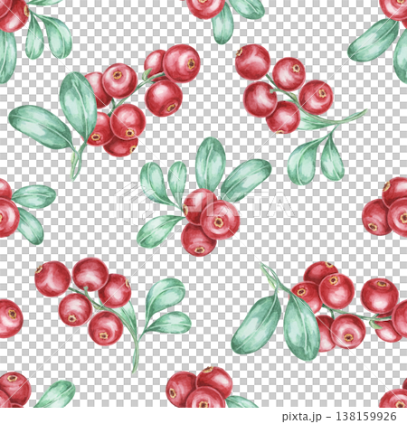 Large cranberries with green leaves in rich red and soft green colors as watercolor illustration, hand drawn seamless pattern. Perfect for posters, packaging, fabric prints, stationery and surface 138159926