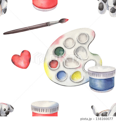 Seamless pattern, palette, paintbrush, paints, heart, clay dog, watercolor illustration isolated on white. Design for art supplies branding, stationery, packaging, textiles, educational material Seamless pattern, palette, paintbrush, paints, heart, clay dog, watercolor illustration isolated on white. Design for art supplies branding, stationery, packaging, textiles, educational material 138160077