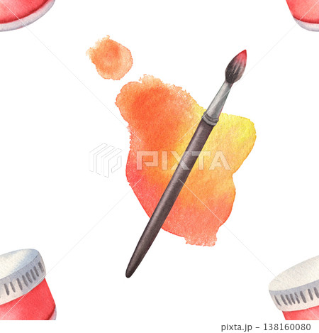 Seamless pattern with brush, orange splashes, red paint jars. Hand-painted illustration isolated on white. Artistic, vibrant design perfect for stationery, packaging, textiles, art branding, education 138160080