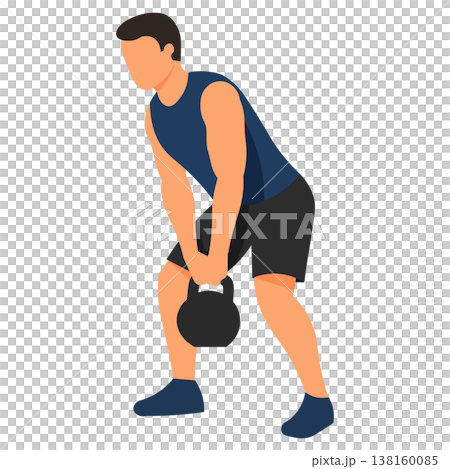 Illustrations of kettlebell weight training exercises for men; standard fitness postures and strength training instructional materials. Illustrations of kettlebell weight training exercises for men; standard fitness postures and strength training instructional materials. 138160085