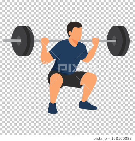Demonstration of male barbell press exercise; illustrations of shoulder strength training and standard posture. 138160088