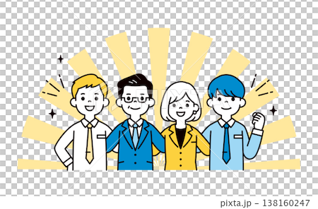 チームで肩を組む、団結する、社長・社員・従業員のシンプルな上半身ベクターイラスト素材 チームで肩を組む、団結する、社長・社員・従業員のシンプルな上半身ベクターイラスト素材 138160247