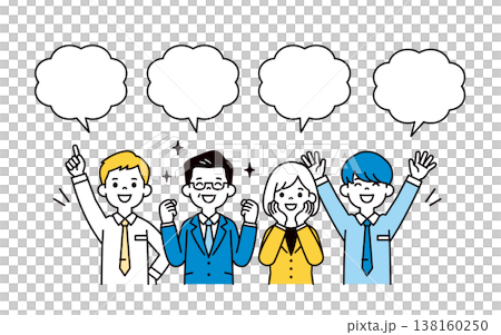 一組向量插圖，描繪了慶祝成功和成就的商人和上班族的對話氣泡和上半身。 138160250